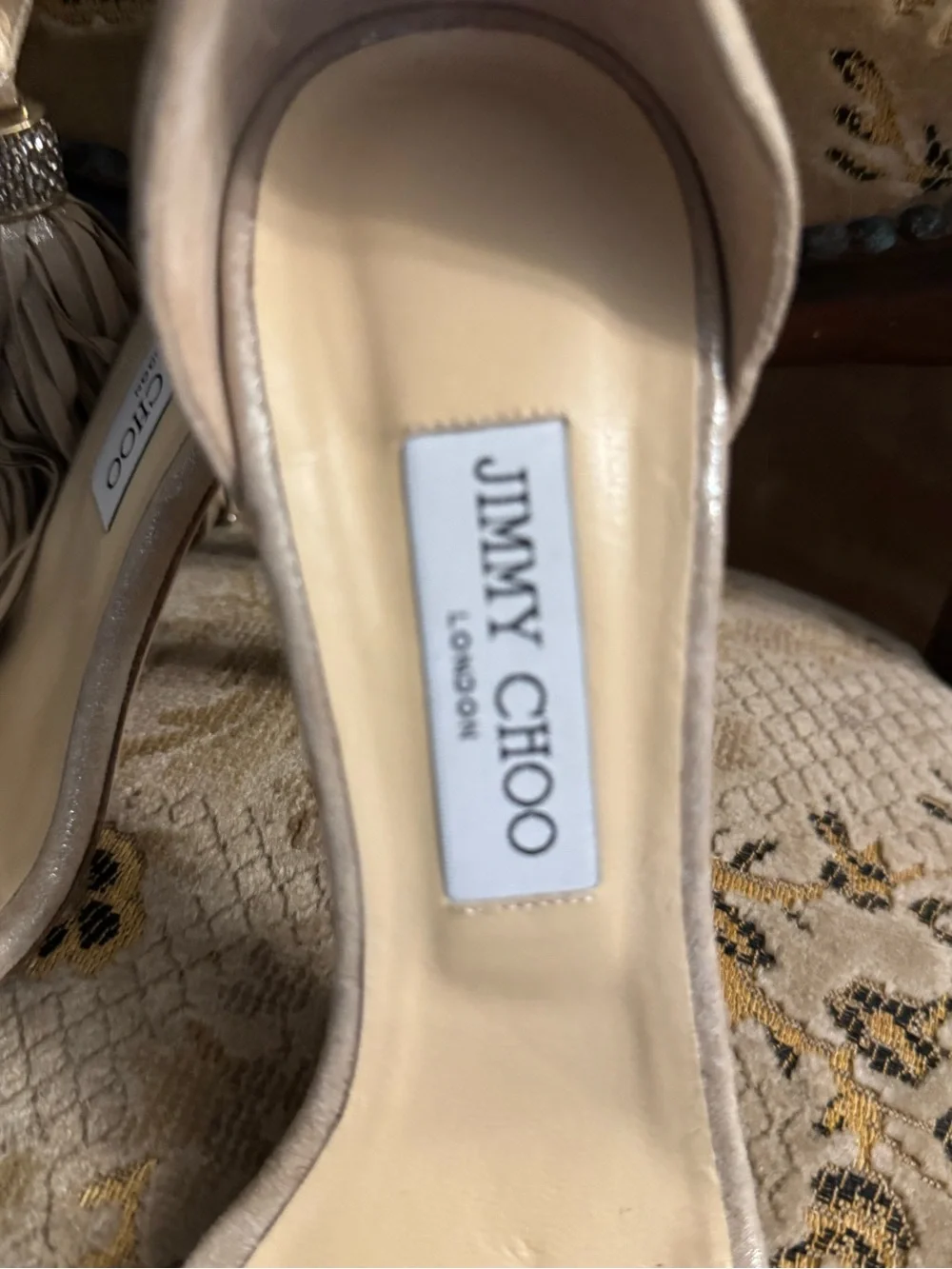 Jimmy Choo Champagne Tassel Heels Size 8.5 Shimmer Evening Shoes